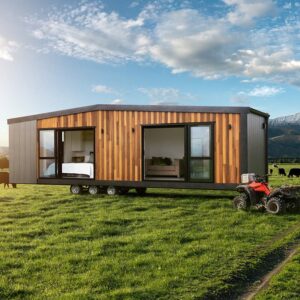 Modern New Zealand tiny home on a rural farm next to a tractor