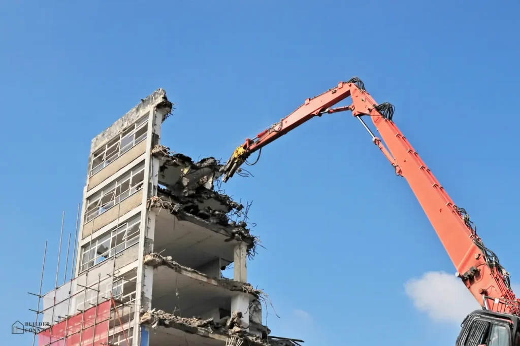 Excavator with grab attachment loading debris into a dump truck during demolition in New Zealand