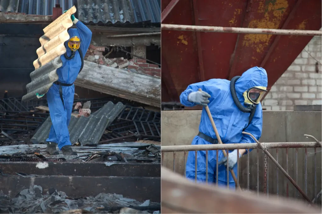 Workers in blue protective suits performing asbestos removal and cleanup in New Zealand.