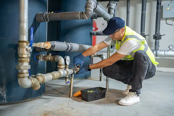 Technician performing maintenance on commercial water pump and piping system installed in New Zealand.