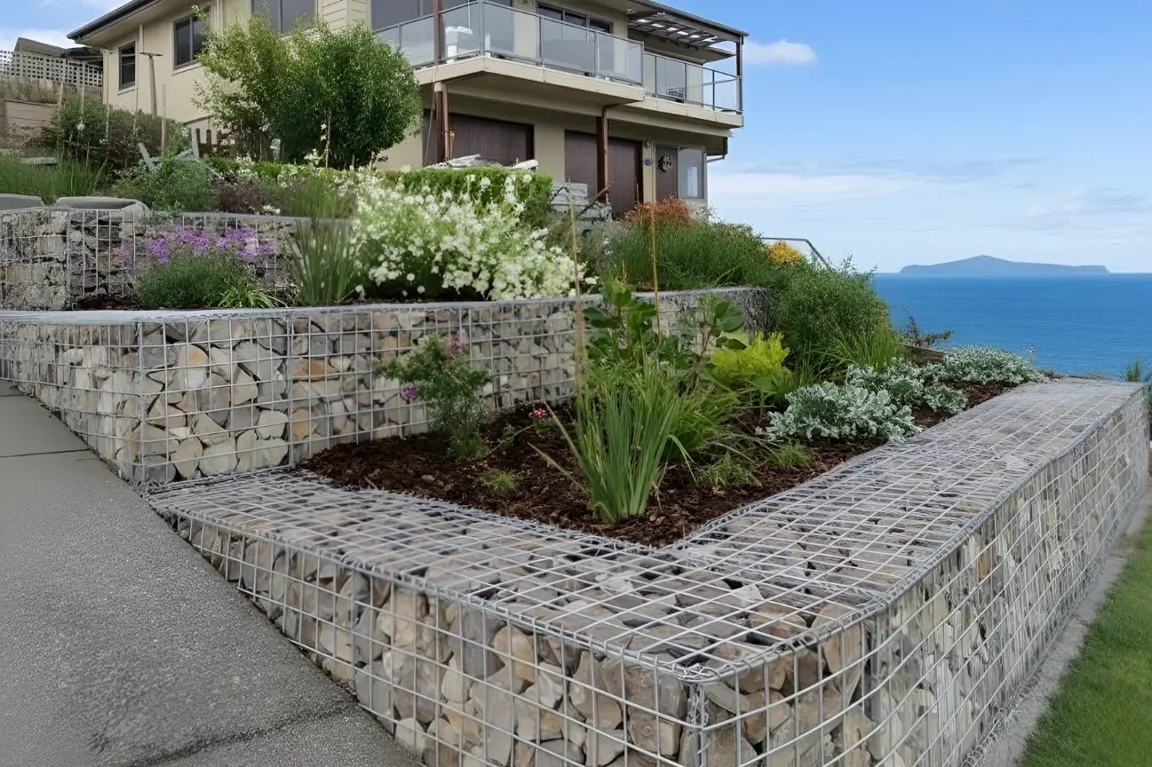 A tiered stone retaining wall with plants overlooking the ocean in New Zealand.