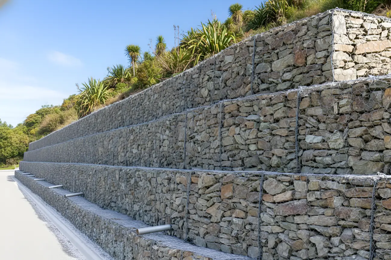 A multi-tiered gabion retaining wall built with natural stone in New Zealand.