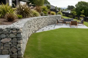 A curved stone retaining wall beside a green lawn and patio area in New Zealand.