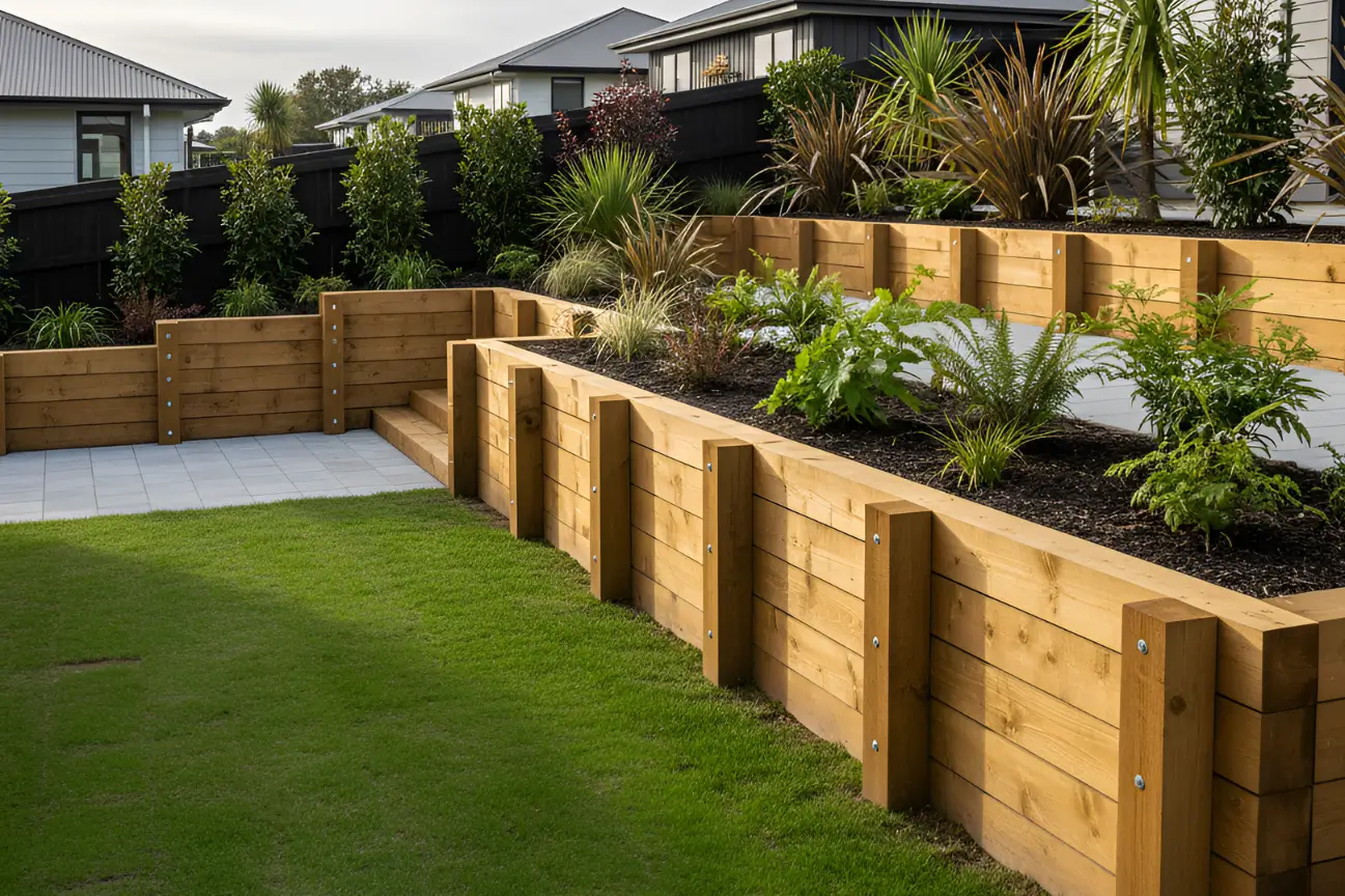 A landscaped backyard in New Zealand featuring a modern timber retaining wall and green lawn.