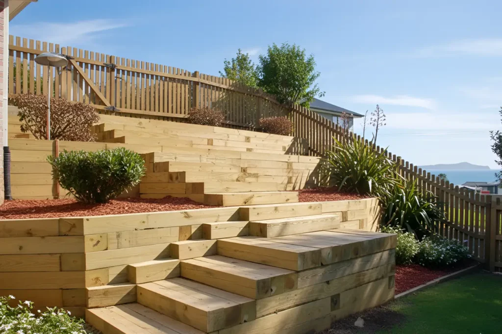 A tiered timber retaining wall and steps surrounded by plants in New Zealand.