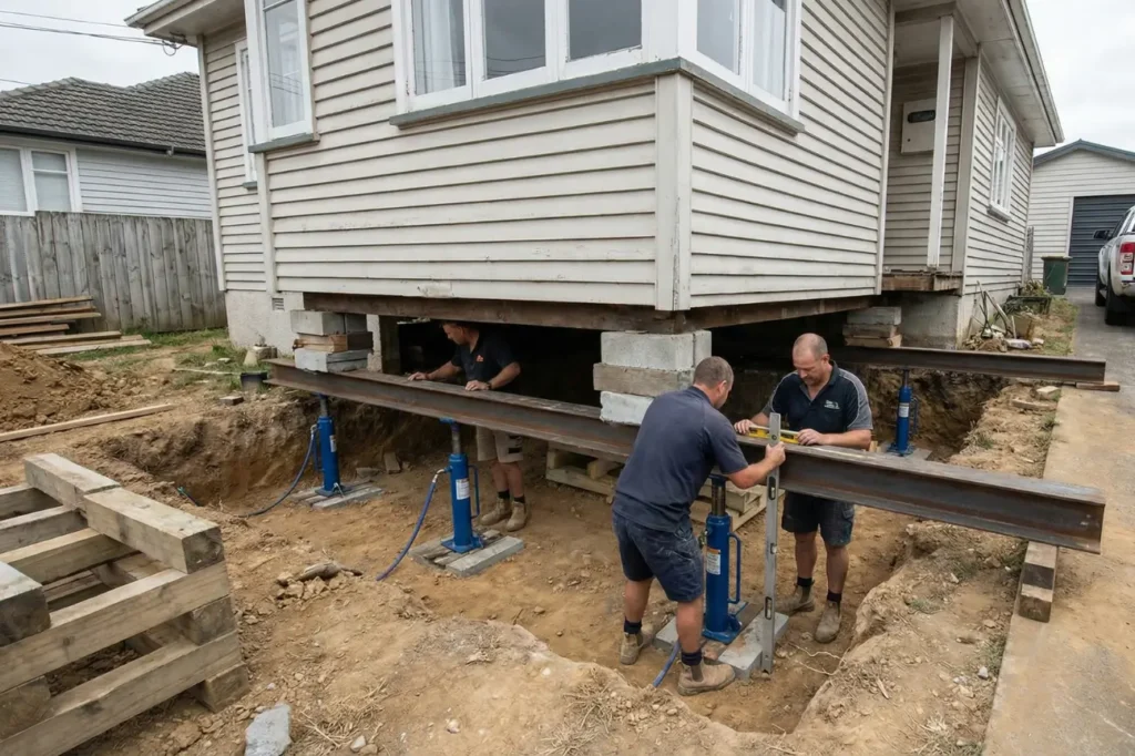 Workers lifting and re-levelling a house using hydraulic jacks and steel beams during foundation repairs by Foundation Contractors New Zealand.