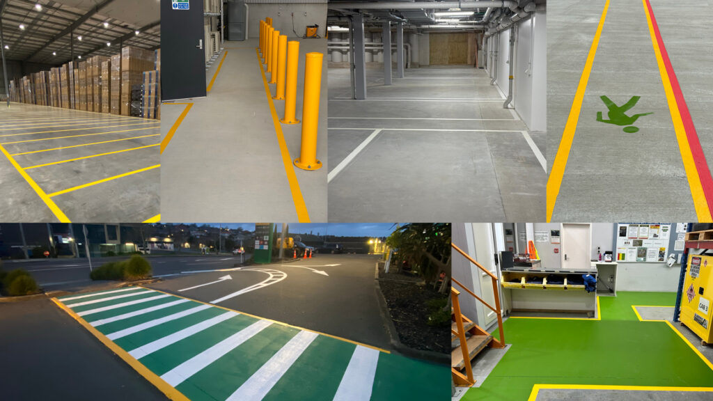 Professional line marking projects across New Zealand including car parks, warehouses, safety walkways,