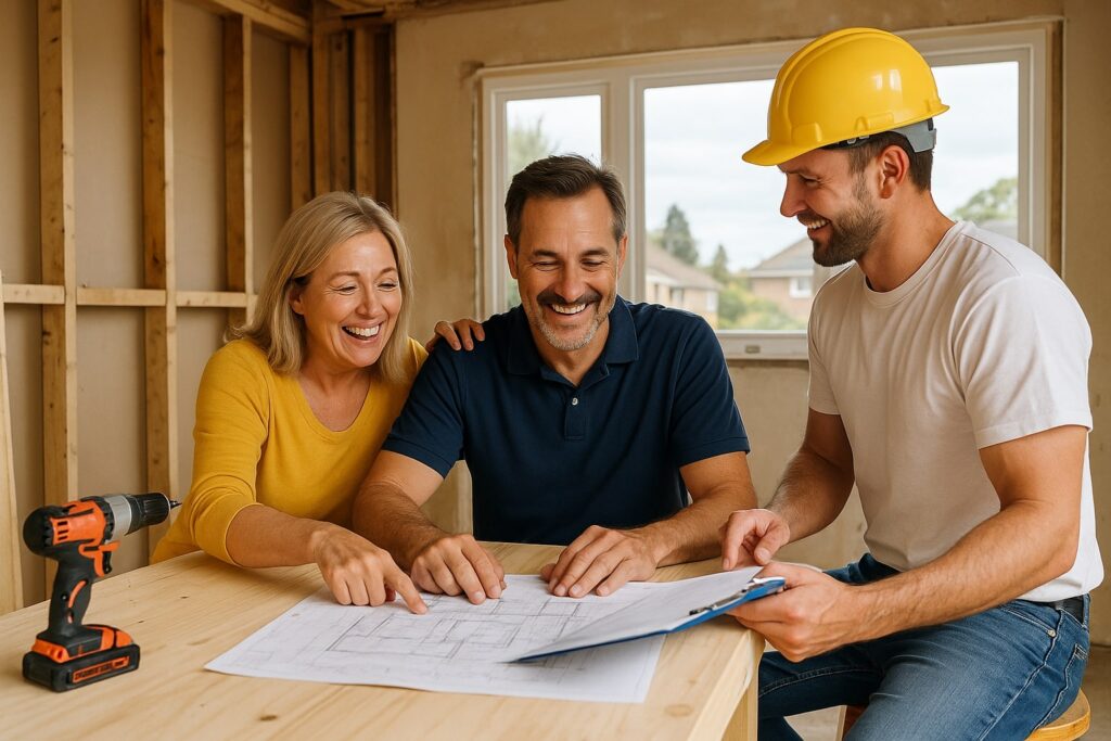 Smiling Homeowners Reviewing Renovation Plans With Their Builder in a Partially Renovated Tauranga Home