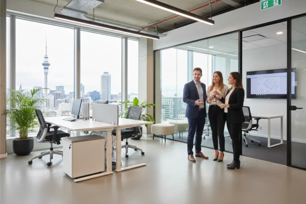 Professionals collaborating in a modern open-plan office with city views as part of an Office Fit Outs New Zealand project.