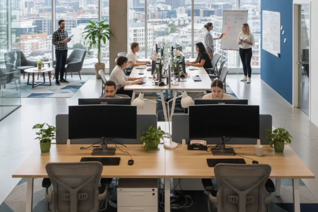 Team working in a modern open-plan office with shared desks, breakout areas, and city views in an Office Fit Outs New Zealand project.