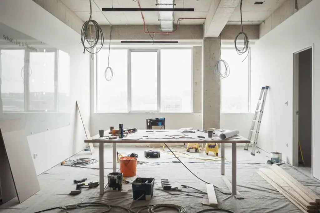 Office fit out in progress with exposed ceiling services, construction materials, and planning table in an Office Fit Outs New Zealand project.