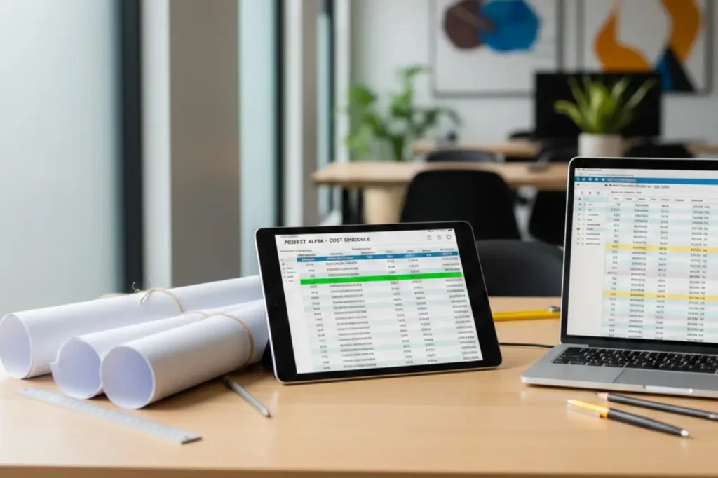 Quantity Surveyor in New Zealand managing commercial project cost schedules, financial data, and construction documentation.