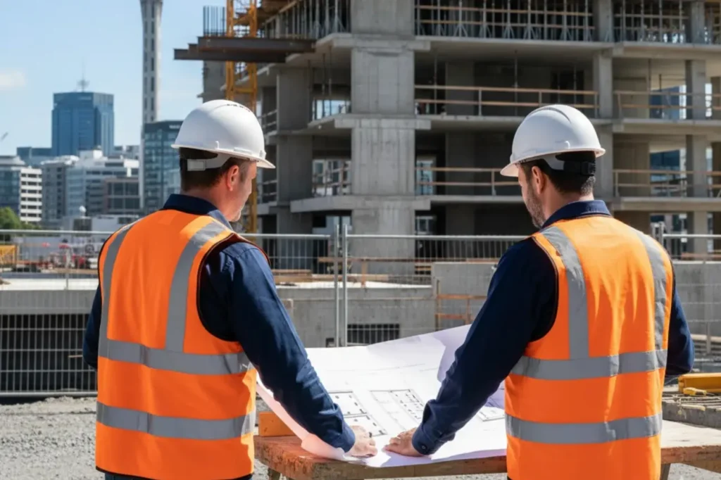 Construction Project Management professionals reviewing site plans at an active New Zealand development site.