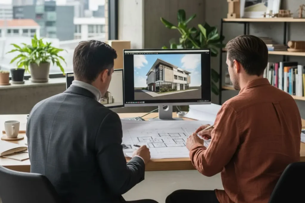 Design Management and Project Management professionals reviewing architectural plans in an New Zealand office.