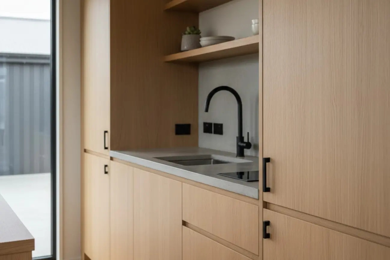 Interior view of modern Tiny Homes by the number one Christchurch company in New Zealand featuring a functional kitchen space.