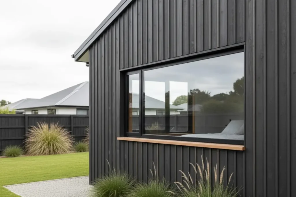 Modern one bedroom cabin Tiny Homes in Christchurch New Zealand featuring a sleek exterior and large window design.