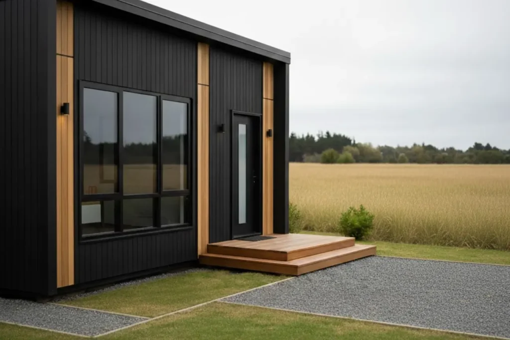 Stylish one bedroom cabin Tiny Homes in Christchurch New Zealand featuring a modern exterior and private entry.