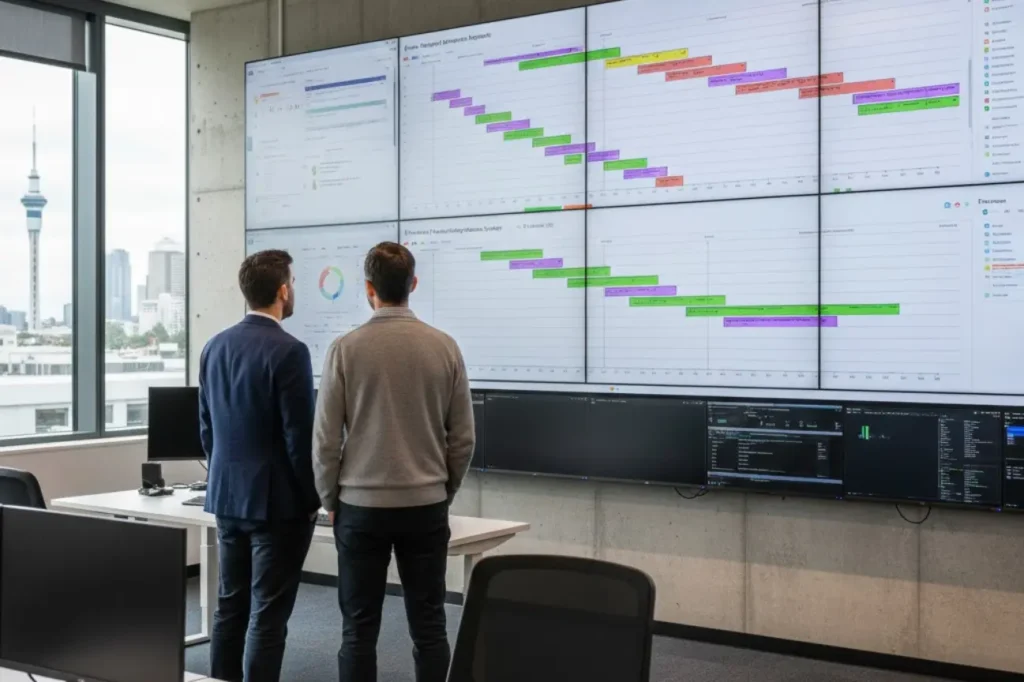 Programme and Project Management professionals reviewing schedules and performance dashboards in an New Zealand office.