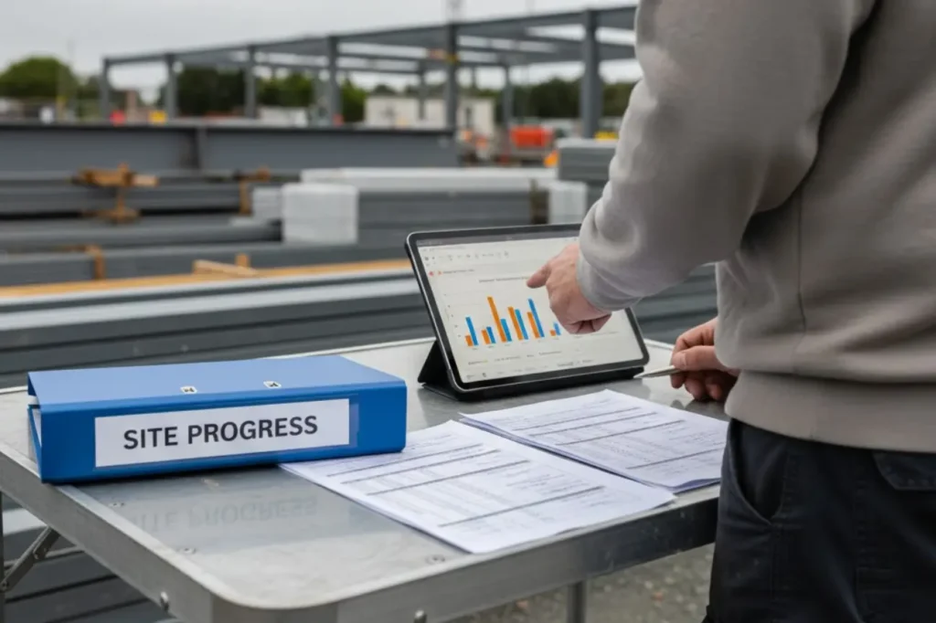 Quantity Surveyor in New Zealand reviewing progress claims and cost monitoring data on a construction site.