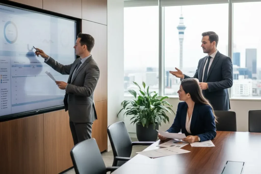 Project Management professionals coordinating stakeholders and consultants during a strategy session in New Zealand.