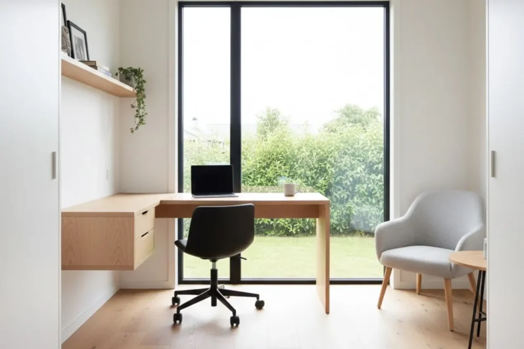 Bright studio cabin Tiny Homes in Christchurch New Zealand featuring a functional workspace and natural light.
