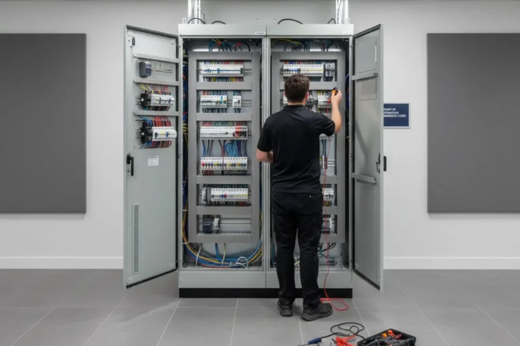 Qualified electrician completing professional Switchboard Upgrades for a commercial property in New Zealand.