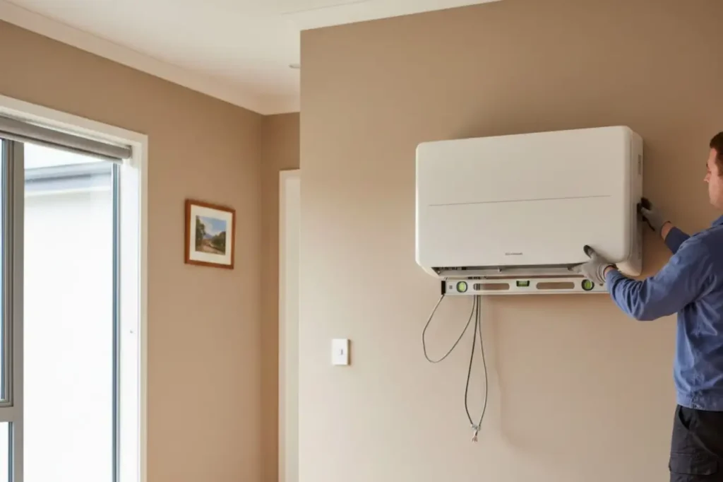 Indoor wall mounted system installed by heat pump installation contractors in Auckland New Zealand.