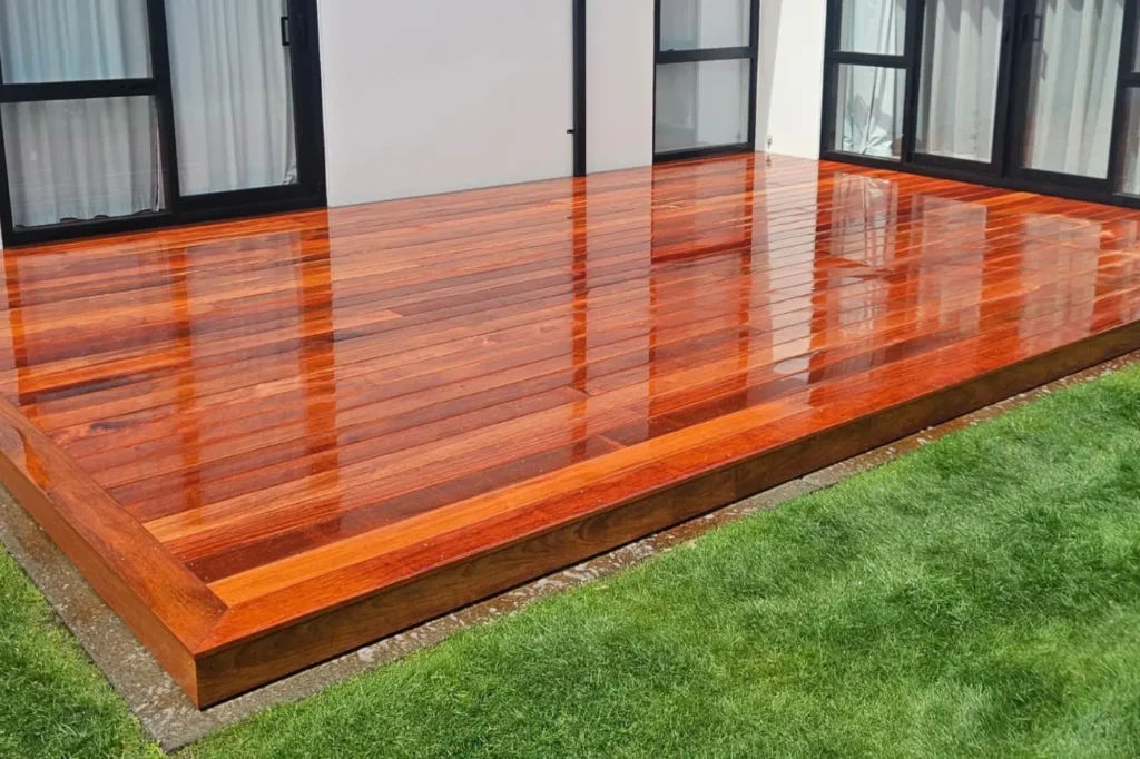 High gloss hardwood deck installation by deck builders New Zealand.
