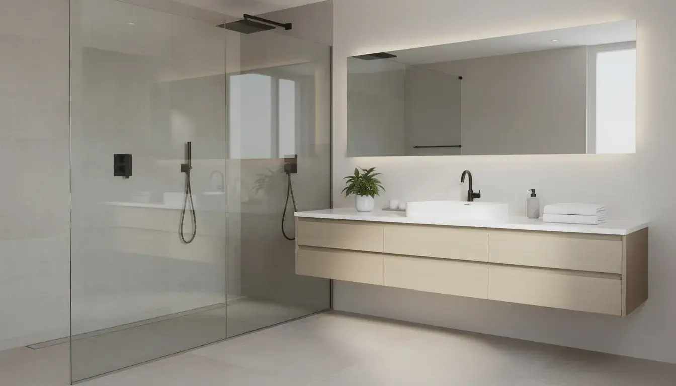 Best Bathroom Renovation showcasing a frameless glass shower, floating double drawer vanity, matte black tapware, and soft ambient mirror lighting.