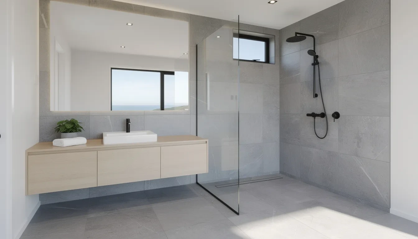 A modern walk-in shower with black fixtures and a floating wood vanity showcasing the best bathroom renovation results.