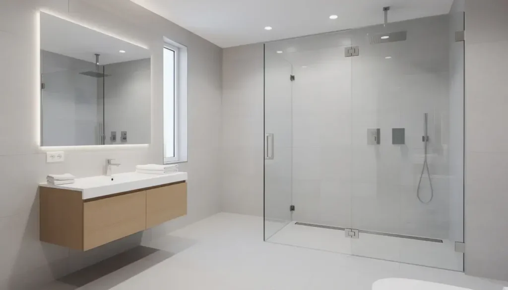 Best Bathroom Renovation featuring a modern walk in glass shower, floating timber vanity, LED mirror, and minimalist white tile design.
