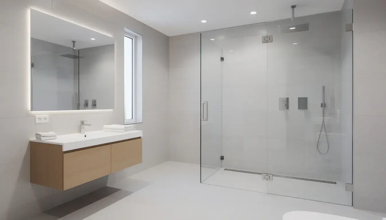 Best Bathroom Renovation featuring a modern walk in glass shower, floating timber vanity, LED mirror, and minimalist white tile design.