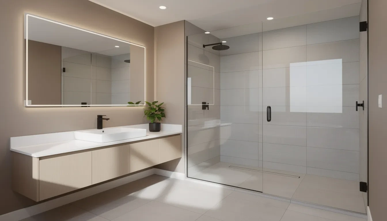 Best Bathroom Renovation featuring a floating vanity, frameless glass shower, LED mirror, and neutral tiled walls.