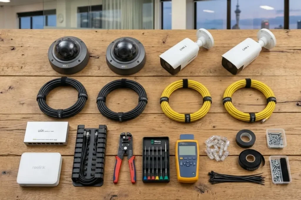Complete CCTV Security Installation equipment and tools prepared for setup in New Zealand.
