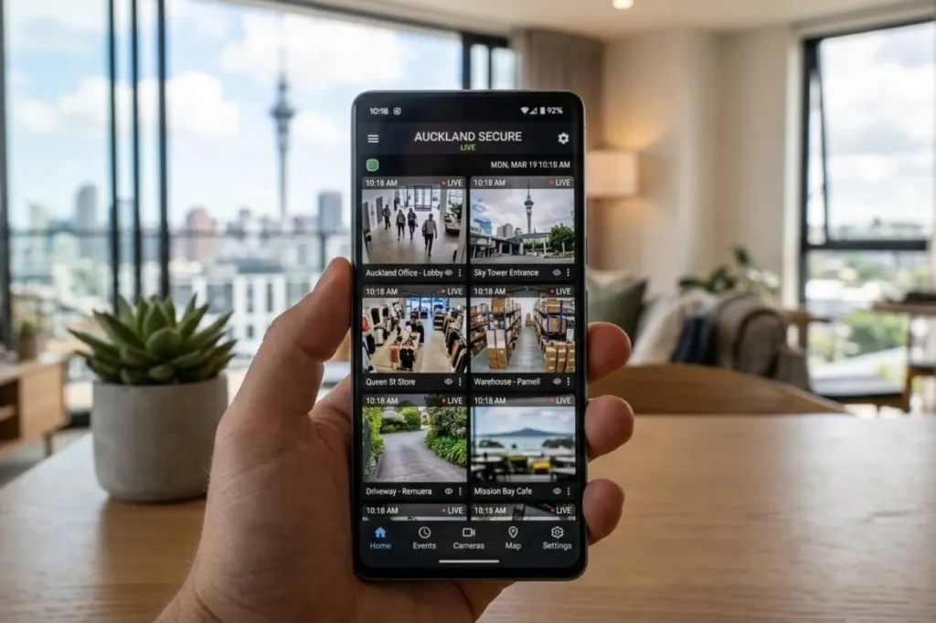 Mobile app displaying CCTV Security Installation remote monitoring system in New Zealand.