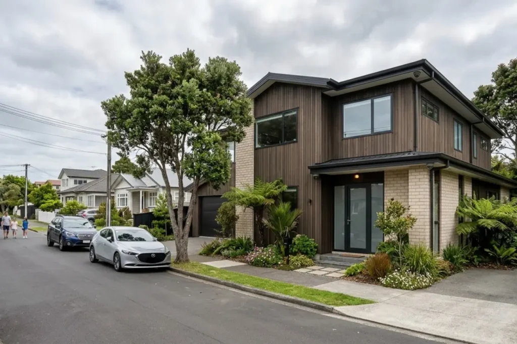Residential street with modern homes secured by CCTV Security Installation in New Zealand.