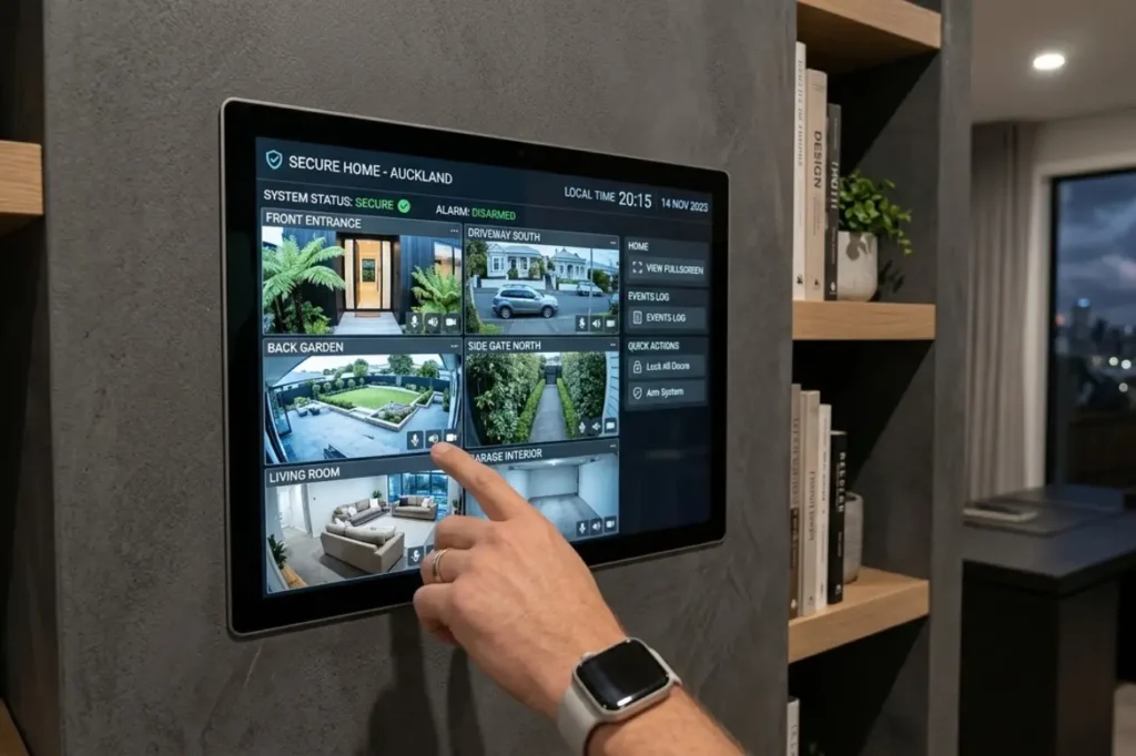Smart home monitoring system displaying CCTV Security Installation interface in New Zealand.