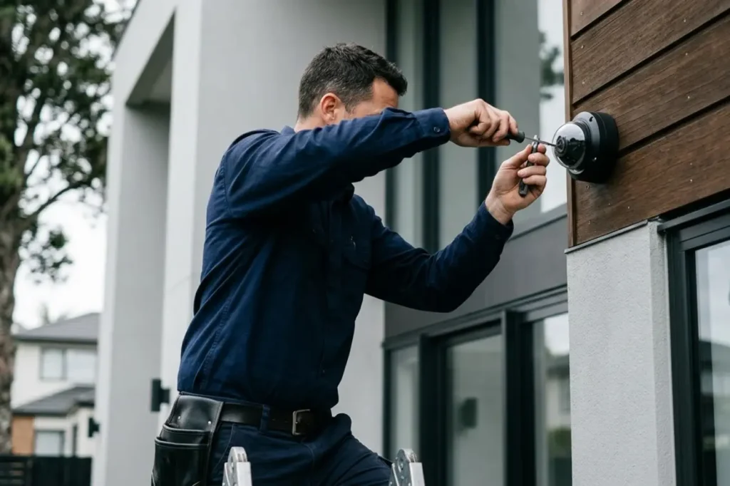 Technician installing outdoor camera for CCTV Security Installation in New Zealand.
