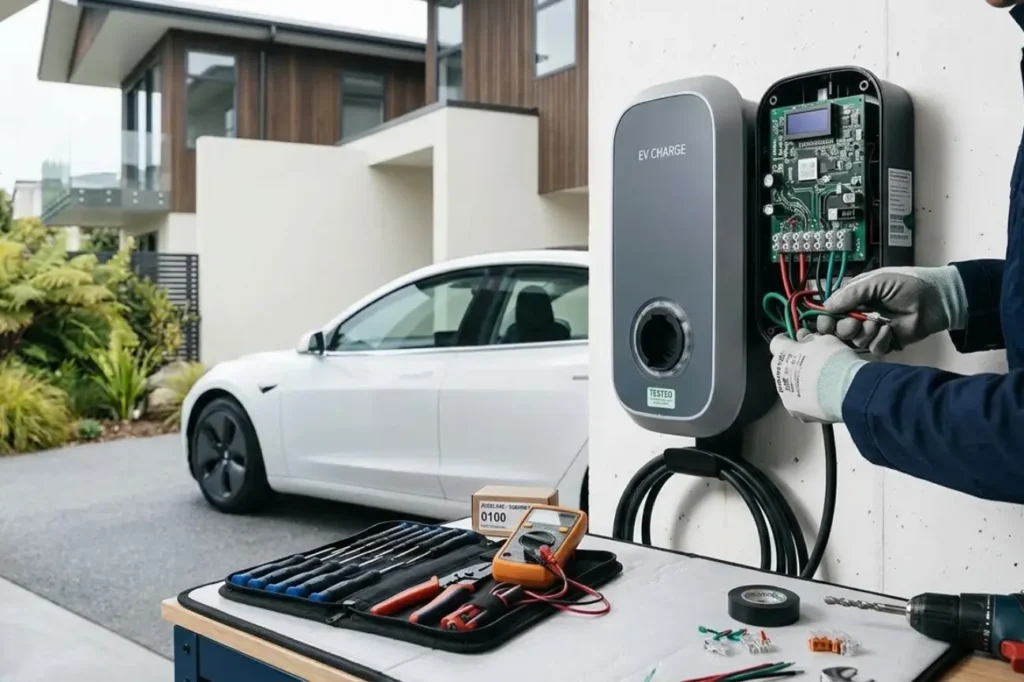Professional electrician from EV Charger Installation Auckland New Zealand performing a technical setup as EV Charger Installation Specialists In Auckland.
