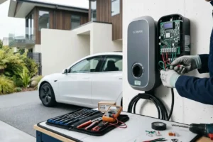 Professional electrician from EV Charger Installation Auckland New Zealand performing a technical setup as EV Charger Installation Specialists In Auckland.