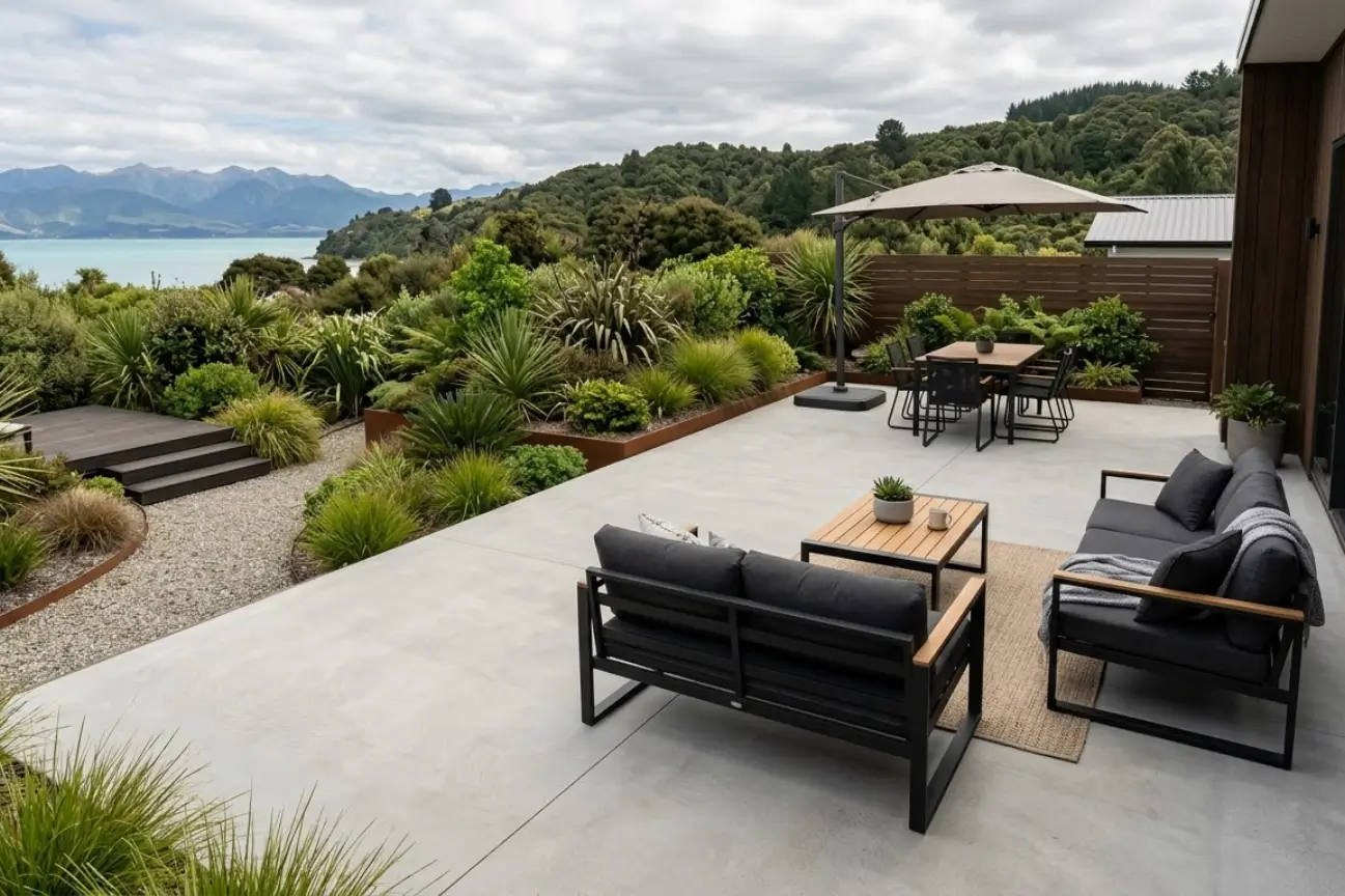 A high-end residential patio featuring smooth grey concrete by Focus Concrete Nelson, the #1 Nelson concrete laying experts.