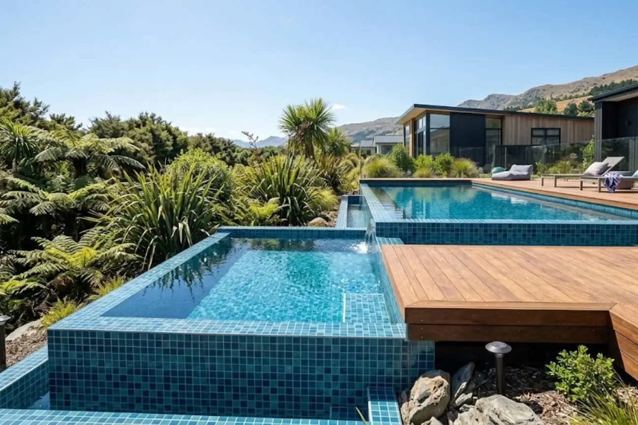 A stunning multi level outdoor pool featuring professional tiling by New Zealand Pool Tiling, the number 1 pool tiler New Zealand.