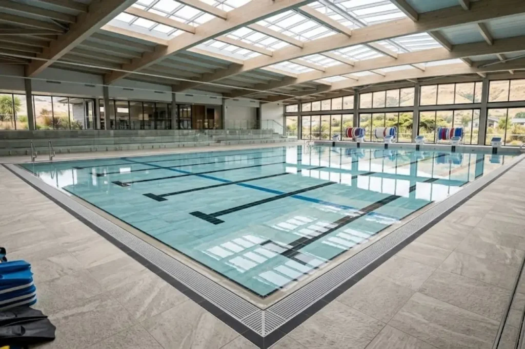 A large, modern indoor swimming pool featuring pristine floor tiling completed by New Zealand Pool Tiling under our services.