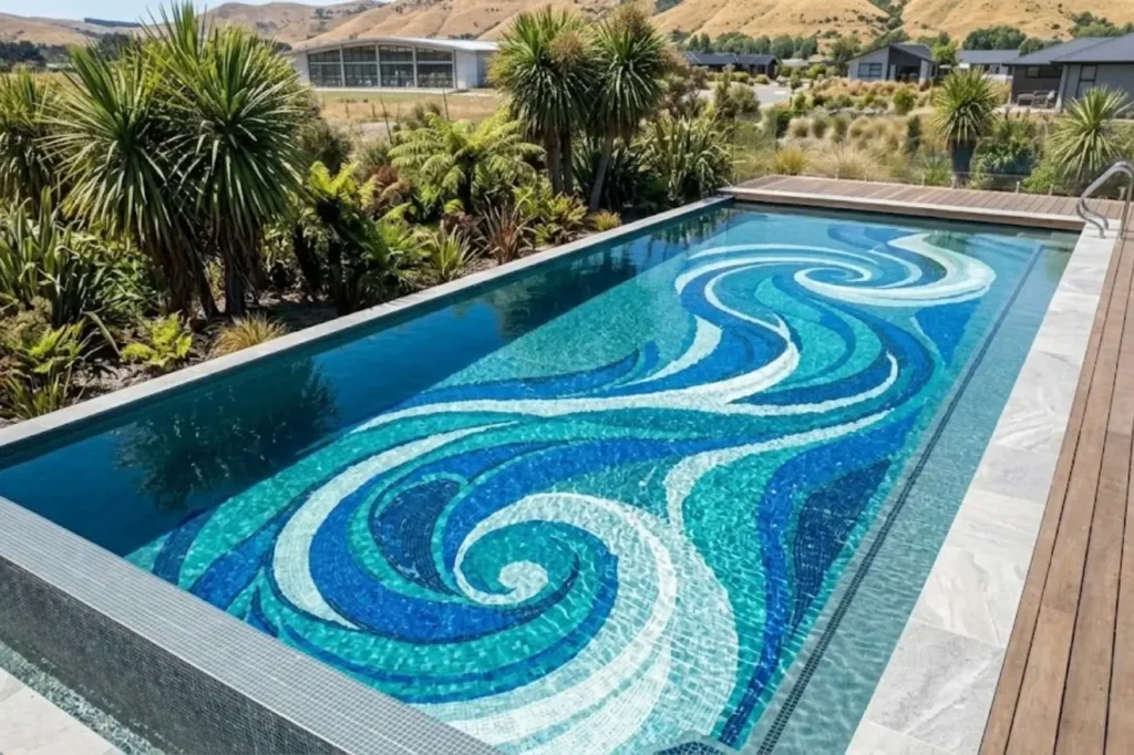 An outdoor pool showcasing a stunning blue and white swirl mosaic pattern provided by New Zealand Pool Tiling as part of our services.