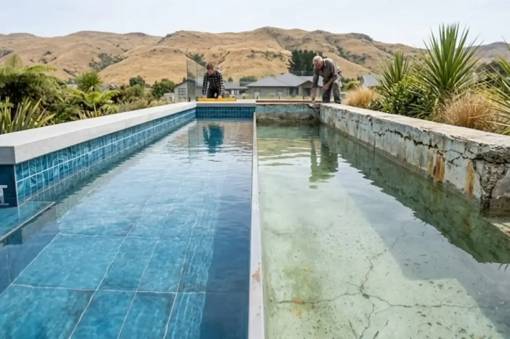 A skilled tiler from New Zealand Pool Tiling applying large blue tiles to an infinity pool wall as part of our services.