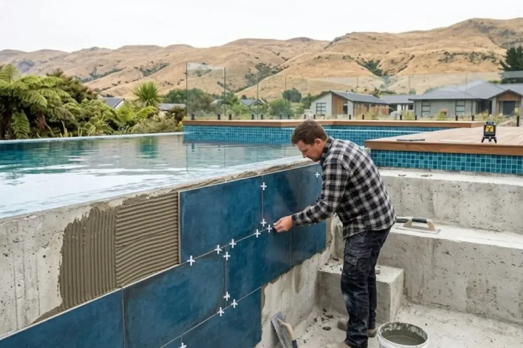 A professional tiler from New Zealand Pool Tiling meticulously installing large blue tiles on an outdoor infinity pool as part of our services.