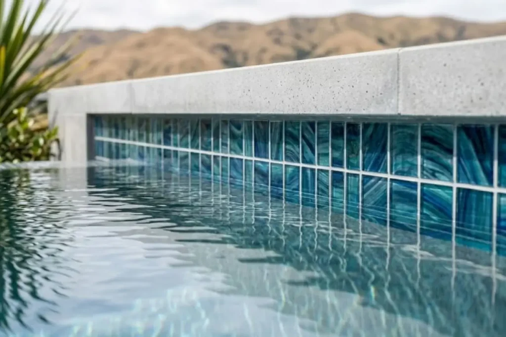 Close-up shot of shimmering blue glass waterline tiles installed by New Zealand Pool Tiling during our services.