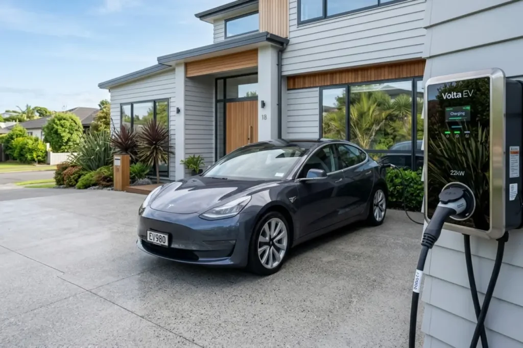 A 22kW Volta EV charger mounted on a modern New Zealand home for a grey Tesla by EV Charger Installation Auckland.