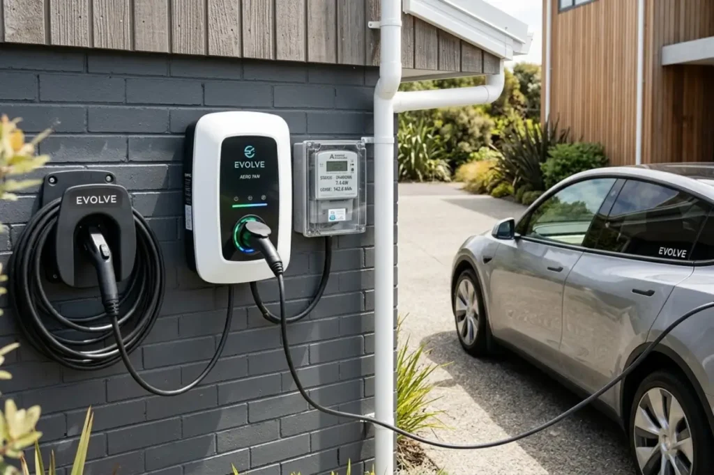 A wall-mounted Evolve smart charger connected to a silver Tesla at a residential property in New Zealand by EV Charger Installation Auckland.