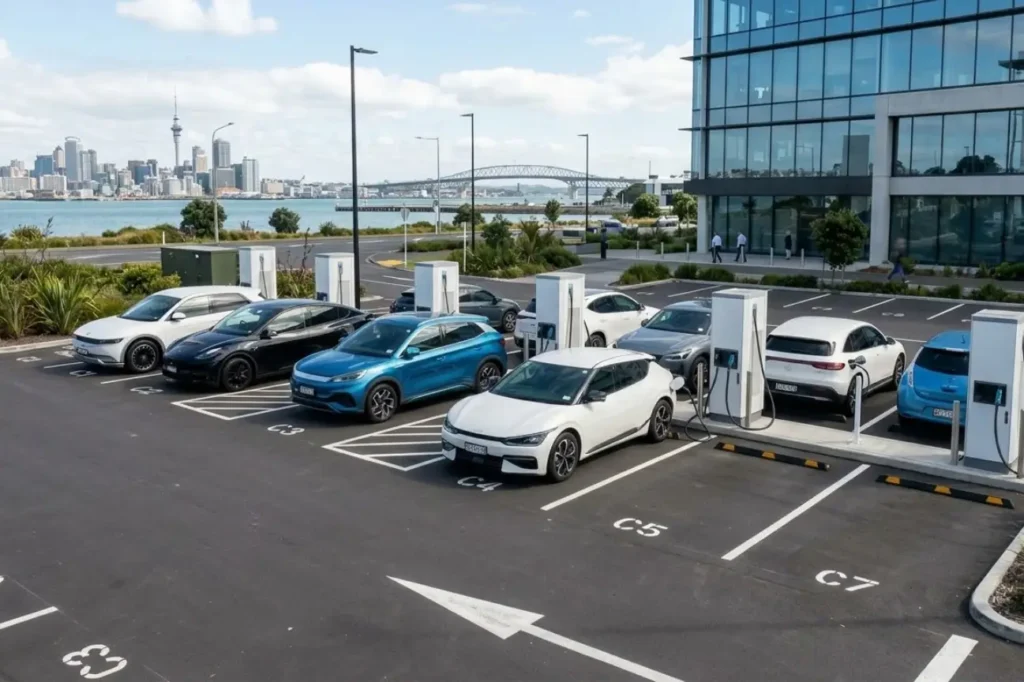 A large waterfront EV charging hub in New Zealand featuring multiple vehicles and chargers installed by EV Charger Installation Auckland.